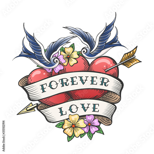 Old School Tattoo with Swallows and Hearts