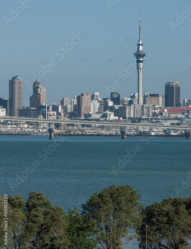 Auckland New Zealand. Skyline with tv-tower and bridge