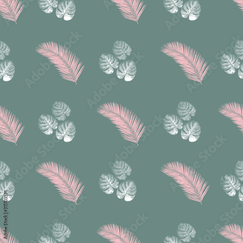 Tropical palm leaves seamless vector pattern. Exotic nature repeating background. Jungle floral backdrop in green teal white pink. Monstera  Philodendron  and Areca palm leaf. For fabric  beach wear