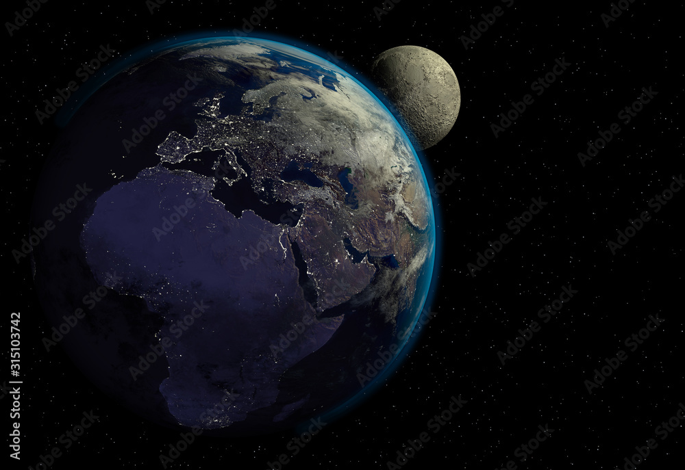 Fototapeta premium Planet earth with sunrise in space, city lights and moon