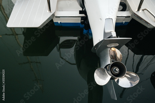 stainless steel propeller and steering for a larger luxury yacht.