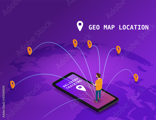 Global tracking system Delivery service online isometric design with smartphone, user man, markers, boxes on map Earth