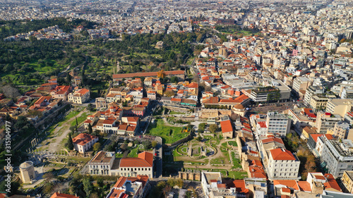 Aerial drone photo of picturesque Plaka district in the slopes of Acropolis hill, Athens historic centre, Attica, Greece