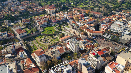 Aerial drone photo of picturesque Plaka district in the slopes of Acropolis hill, Athens historic centre, Attica, Greece