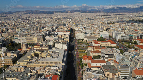 Aerial drone photo of Athens urban cityscape featuring famous landmark neoclassic buildings, Attica, Greece