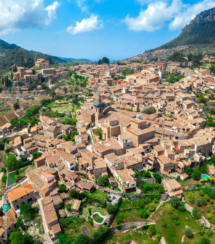 Valldemossa Mallorca or Majorca Spain aerial panorama view historic and authentic spanish mountain village