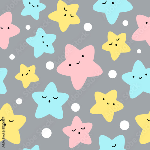 Fototapeta Naklejka Na Ścianę i Meble -  Multicolor stars, cute seamless pattern for babies, kids print. Vector illustration on grey background.
