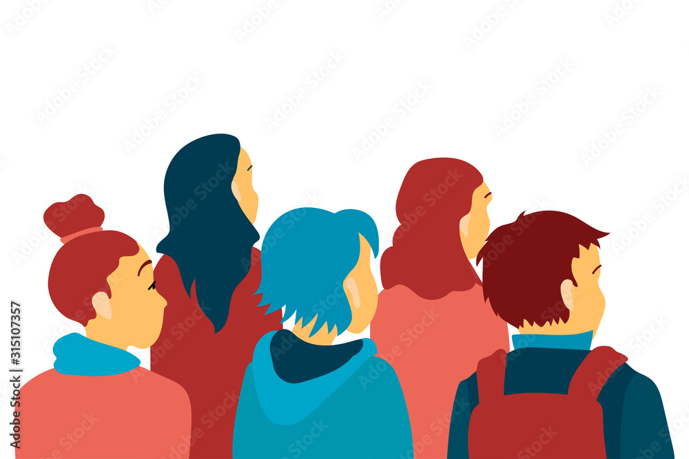 The group of people, the rear view, look or listen to a performance, a meeting. Vector illustration