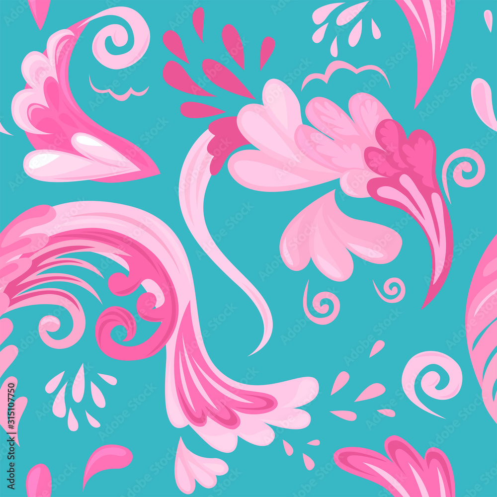 Rose lines and floral ornaments, drops and splashes of water. Continuous seamless pattern