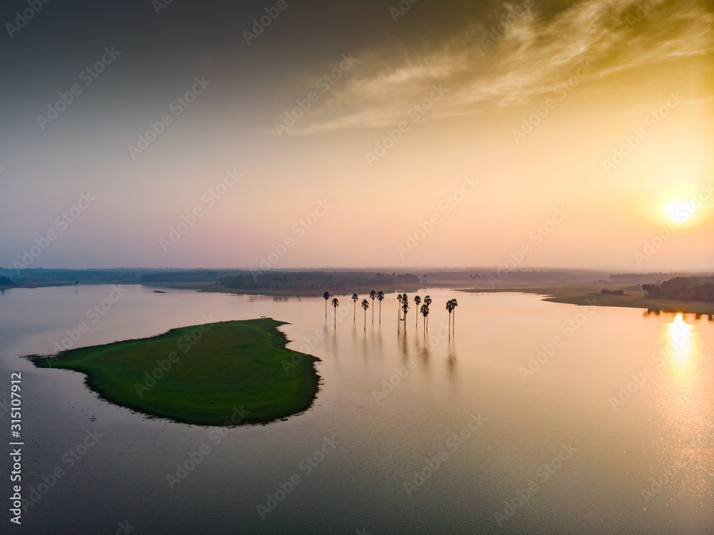 aerial view of a lake with palm trees and a beautiful small island famous for bird nesting with green vegetation cover with sun rising dramatically in the background. 