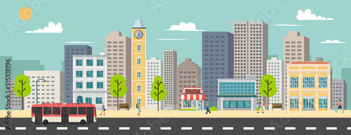 Cityscape and company buildings , minibus and van on street vector illustration.Business buildings and public bus stop in urban.Smart city with sky background photo