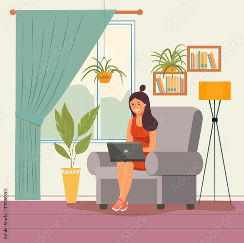 Young woman on comfortable couch and using laptop at living room.  Vector flat style illustration