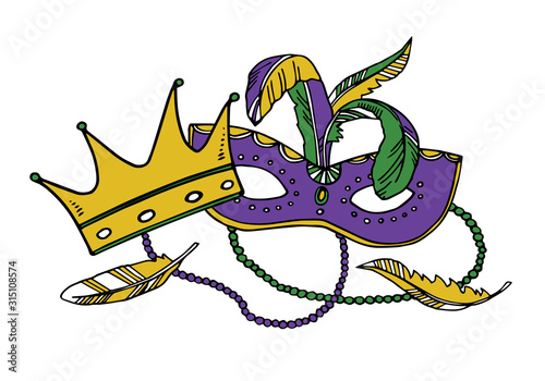 Mardi Gras composition. Group of carnival mask with beads and crown. Color vector illustration