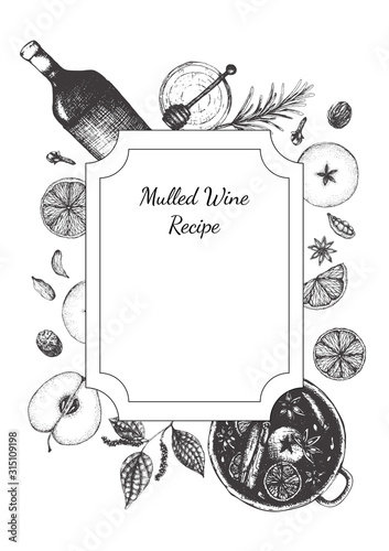 Vector illustration for cover for mulled wine recipe. Set of spices for mulled wine packaging design in freehand drawing style. Label or box black and white.