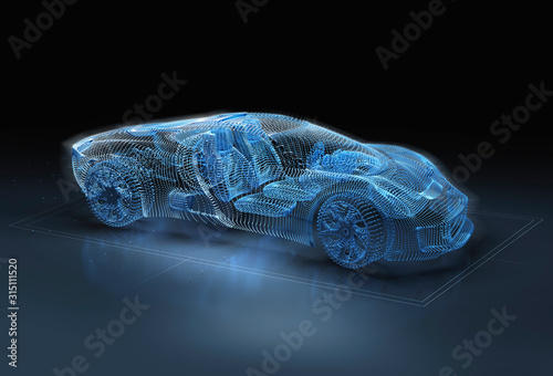 Computer generated image of blue, luxury sports car photo