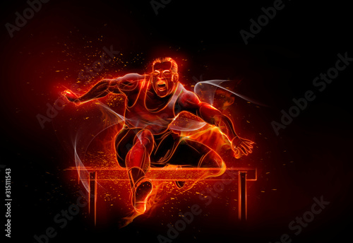 Computer generated image track and field athlete jumping hurdles