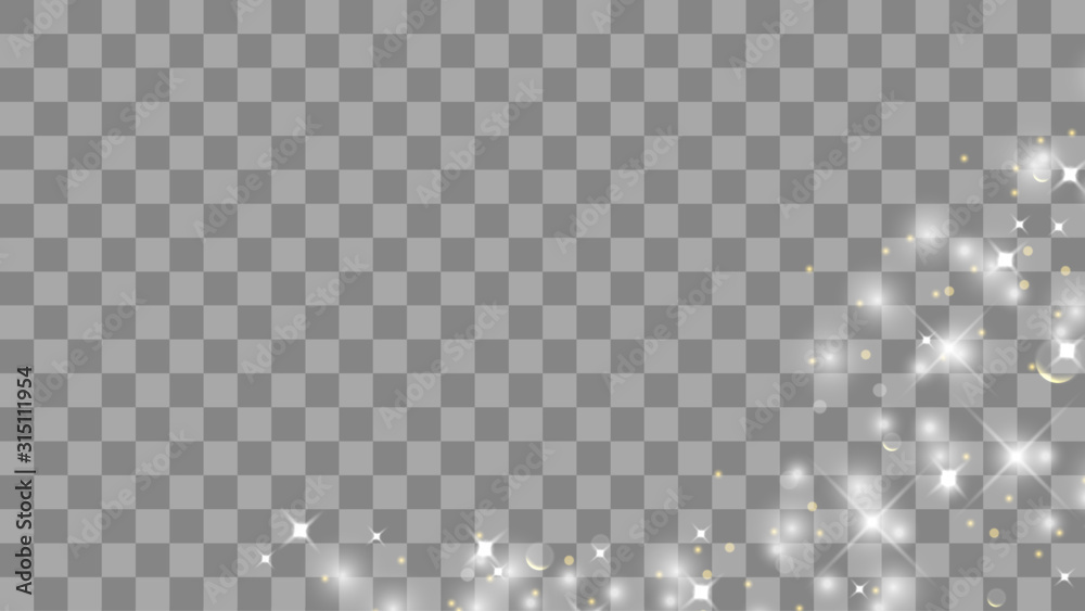 Gold glittering star dust trail sparkling particles isolated on transparent background. Vector white glitter wave abstract illustration. Light glow effect stars bursts with sparkles