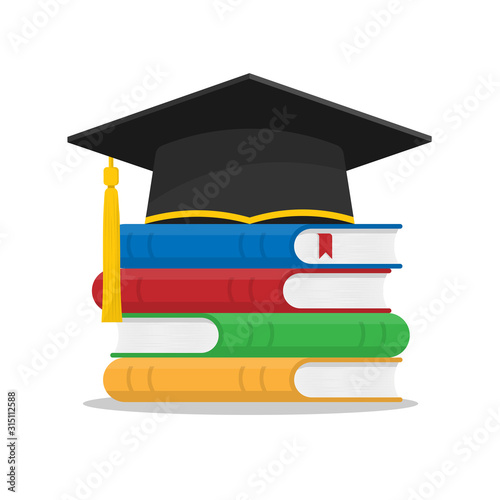 a stack of books and a cap or hat of a graduate.