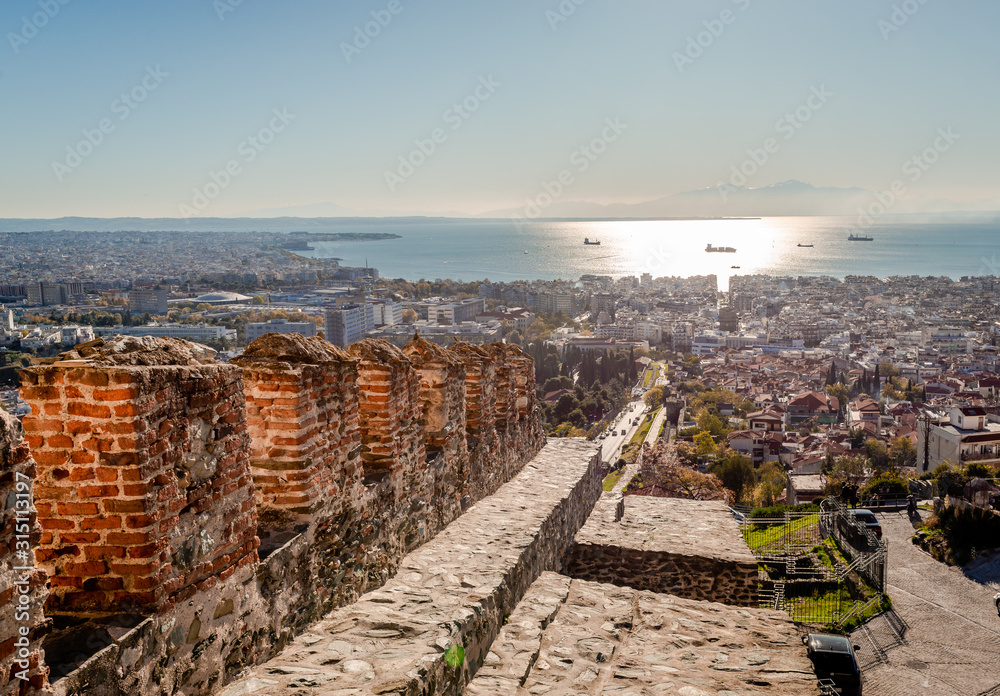 Breathtaking view of Thessaloniki and the Thermaikos gulf from Trigonio Tower, on a sunny day.