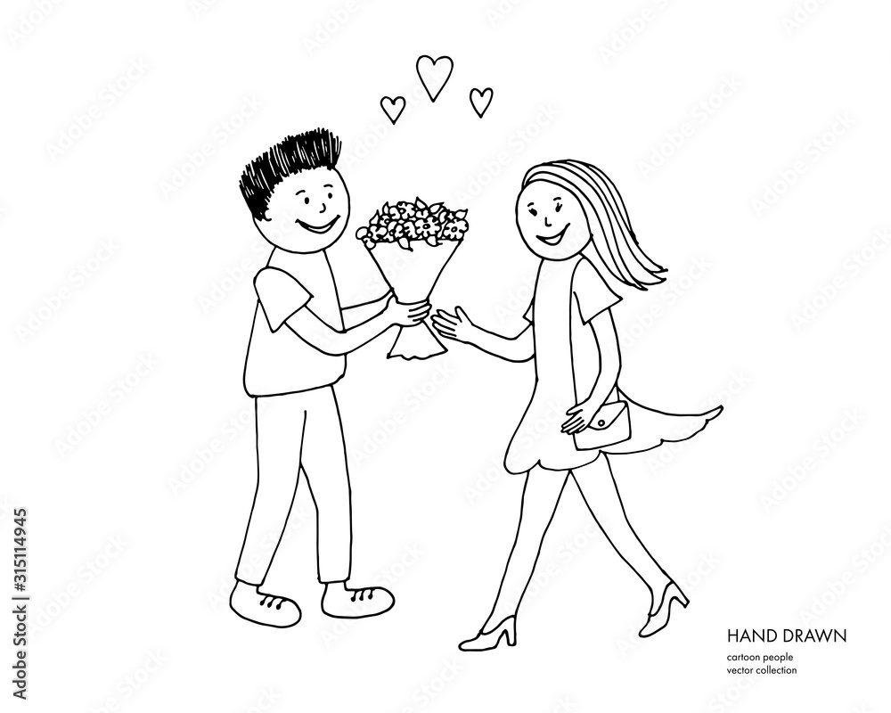 Boy Giving Flowers To A Girl Cartoon Romantic Hand Drawn Couple Sketch Illustration Happy Women S Day Holiday Romantic Date Valentines Day Card Isolated Black On White Background Stock Vector Adobe Stock