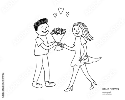 Boy giving flowers to a girl. Cartoon romantic hand drawn couple sketch illustration. Happy Women's Day holiday, romantic date, Valentines day card. Isolated black on white background