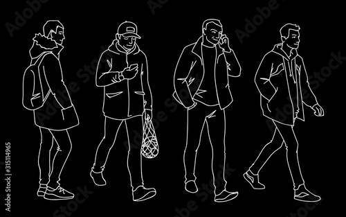 Set of young and adult men standing and walking. Monochrome vector illustration of men in different poses in simple line art style. Hand drawn sketch. White lines isolated on black background.