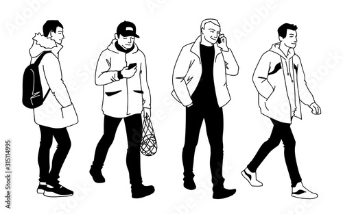 Men in different poses. Monochrome vector illustration of set of young and adult men standing and walking in simple line art style. Hand drawn sketch isolated on white background.