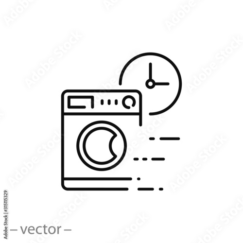 quick wash icon, washing machine, washer with clock, fast time, thin line web symbol on white background - editable stroke vector illustration eps10