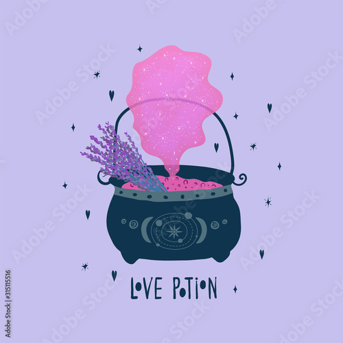 Valentine's day card with witch's bowler hat, pink love potion, lavender bouquet and lettering in a flat style on a lilac background. Vector illustration