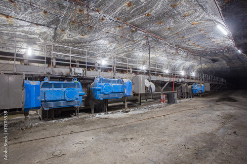 Salt potash mine ore shaft tunnel drift with conveyor underground