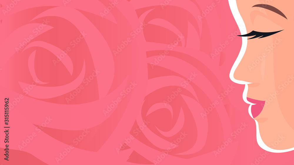 The drawn face of a pretty girl in profile. Floral background of beautiful red roses. Vector female illustration with place for text. The drawn face of a pretty girl in profile. Floral background of beautiful red roses. Vector female illustration with place for text.