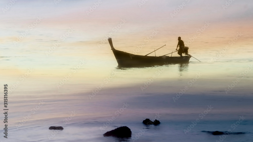 Fisherman in calm twilight waters