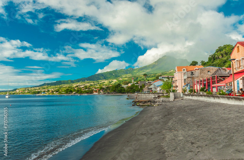 View of Saint-Pierre on Martinique island and Mount Pelee volcano