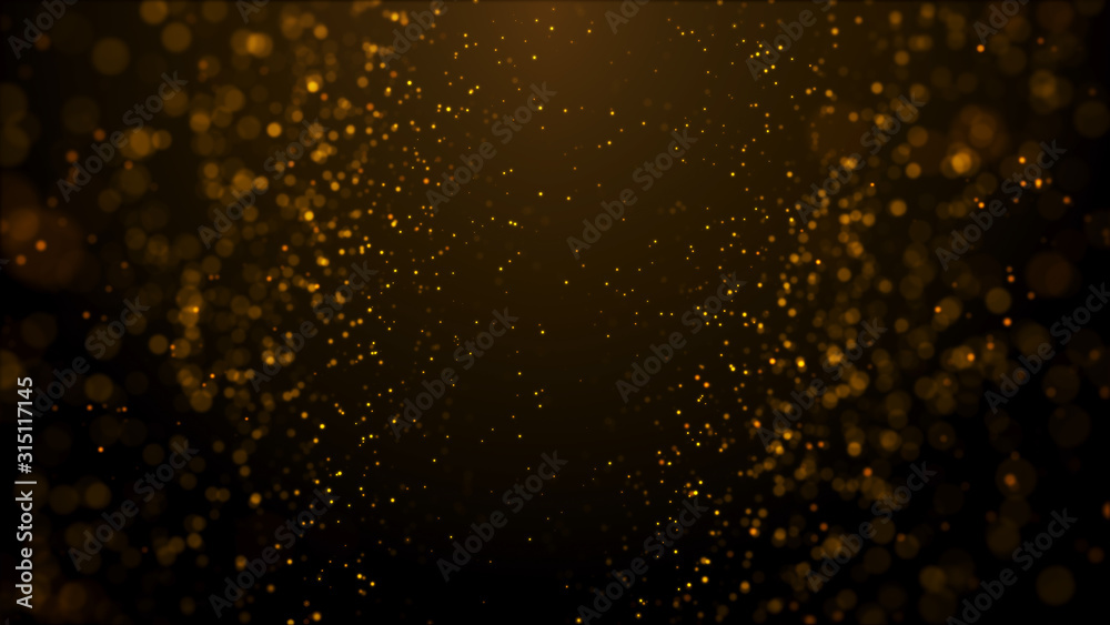 gold particles abstract background with shining golden floor particle stars dust.Beautiful futuristic glittering in space on black background.