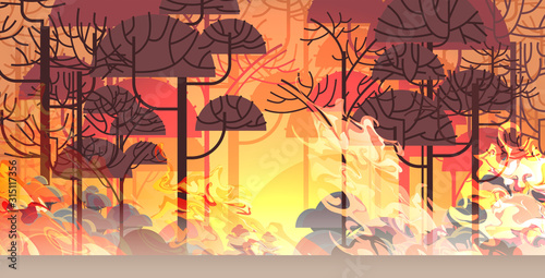 dangerous wildfire bush fire development dry woods burning trees global warming natural disaster concept intense orange flames horizontal vector illustration