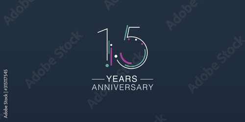 15 years anniversary vector icon, logo. Neon graphic number