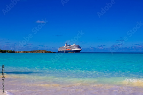 The view of empty beach on Half Moon Cay island at Bahamas. © Solarisys