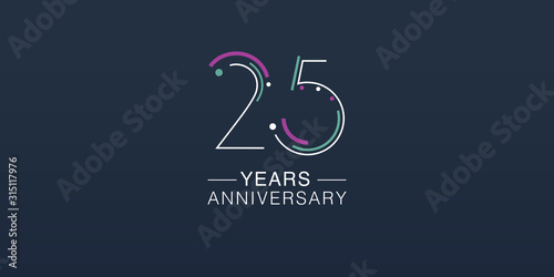 25 years anniversary vector icon, logo. Neon graphic number