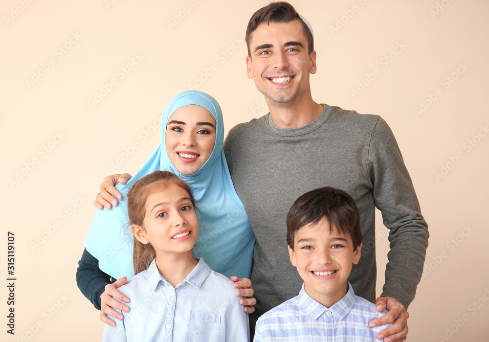 Portrait of Muslim family on light background Portrait of Muslim family on light background