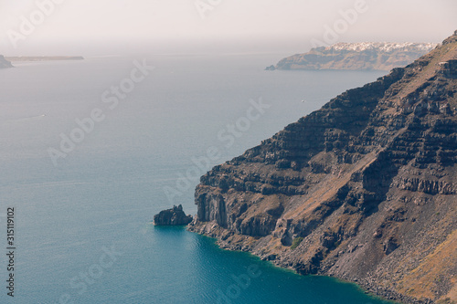 Panoramic view from the top of the Fira capital at Santorini, Greece