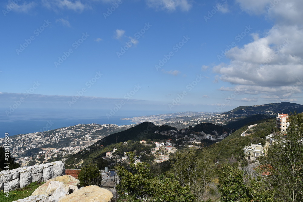 Panoramic landscape in Keserwan, Lebanon, with a view on Jounieh and Tabarja and the sea, Lebanon