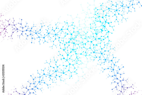 Scientific molecule background for medicine, science, technology, chemistry. Science template wallpaper or banner with a DNA molecules. Dynamic wave flow DNA. Molecular vector illustration.