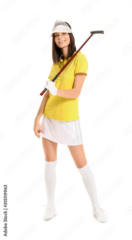 Beautiful female golfer isolated on white Beautiful female golfer isolated on white