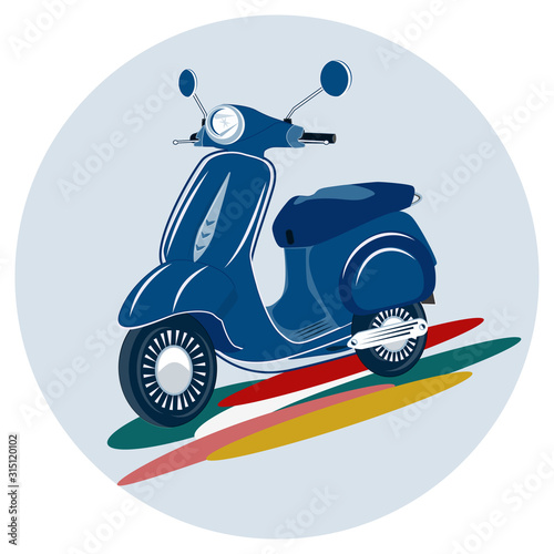 Motor scooter - round icon, isolated on white background - vector. Spring. Relaxation.