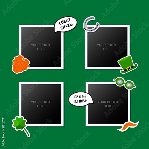 Photo frames set decorated with St. Patricks Day stickers. Great for scrapbooking or memory album. Vector illustartion.