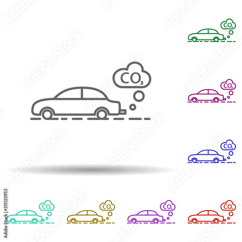 Car, co2, smoke clouds in multi color style in multi color style icon. Simple thin line, outline vector of car harmful gases icons for ui and ux, website or mobile application