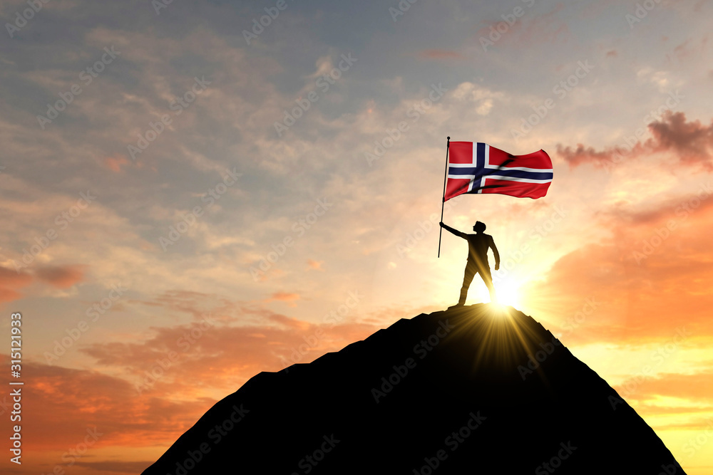 Norway flag being waved at the top of a mountain summit. 3D Rendering