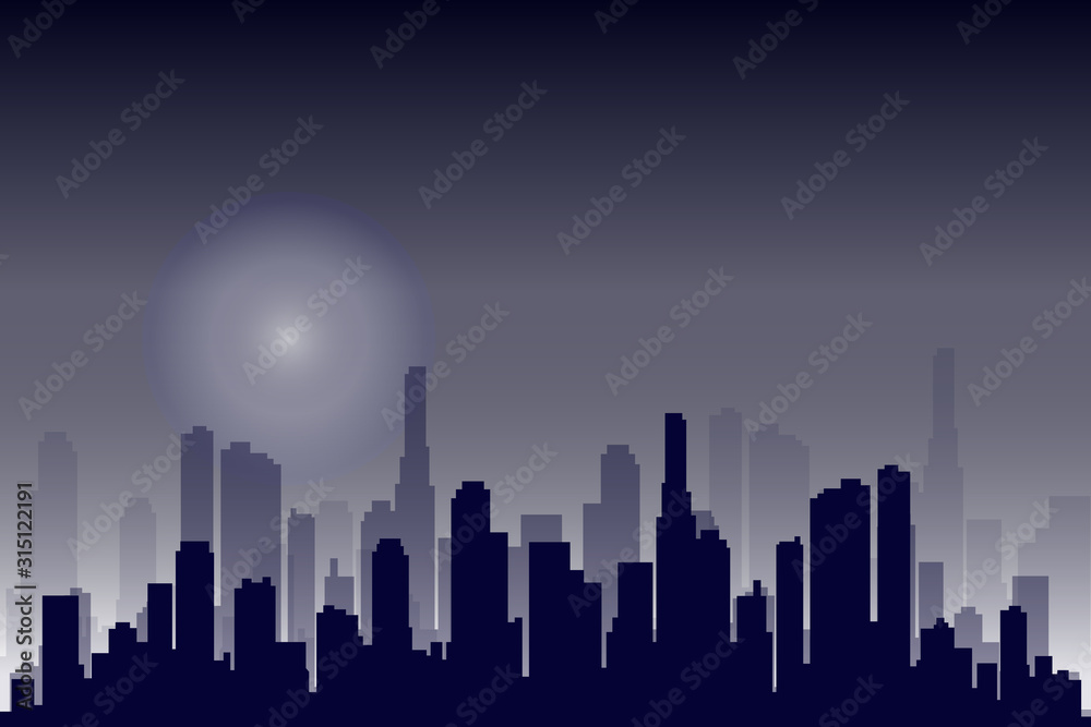 Flat cityscape. Vector illustration. Modern City Skyline, Daytime Panoramic Urban Landscape with Silhouette Buildings and Skyscraper Towers in moon light