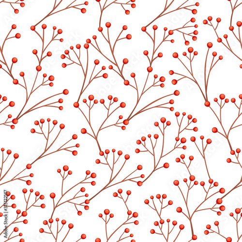 Seamless pattern of red currant berries on branch without leaves flat vector illustration on white background