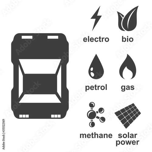 The icon of the car and the types of fuel with which it can be refueled - gasoline, electricity, bio fuel and others. Isolated vector on a white background